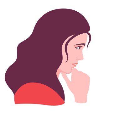 Derin düşüncelere dalmış. Üzgün yüzlü güzel bir genç kadın vektör gibi bir şey düşünüyor.