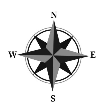 Rüzgar direkli yükseldi. Deniz ve kara vektörü haritası üzerinde coğrafi keşif ve yol bulma için denizsel pusula sembolü