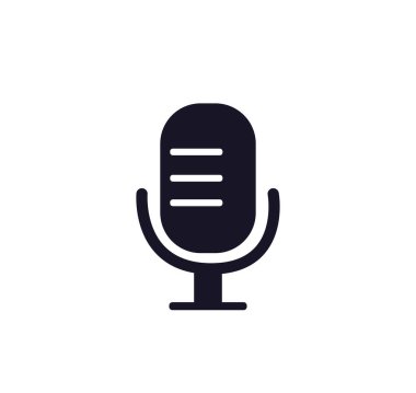 Black microphone on stand icon. Entertainment podcast and interview equipment with audio announcements and vector broadcast