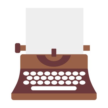 Typewriter with sheet. Retro symbol of writer and journalist with mechanical keyboard for inspired creative work and vector entertainment