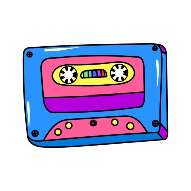 Comic retro cassette audio player. Vintage mini tape recorder for listening to music and audio with red vector design