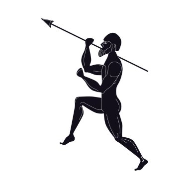Ancient greek soldier with spear. Mythology spartan warrior without armor in helmet strikes with pike in classic antique vector style