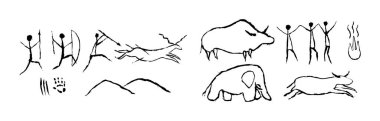 Rock primitive painting of hunting. Prehistoric animal and aboriginal primitive people hunting neanderthal vector ornament