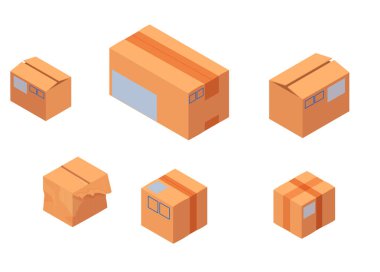 Teslimat robotları kutuları izometrik çizimler taşır ve istifler. Beyaz modern kuadrokopterler sarı vektör kutularını mobil robotik aygıtlara göre hızlı yükleme ile sınıflandırır .