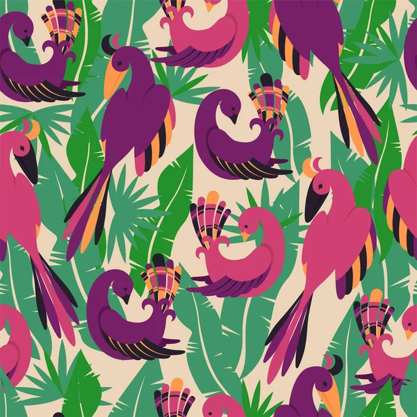 Colorful tropical birds seamless pattern. Exotic tropical bird of paradise colorful trees leaves and abstract vector background.