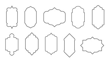 Islamic windows and arches with modern boho design, moon, mosque dome and lanterns