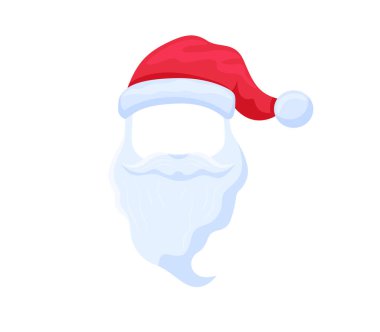 Hat and beard santa claus template. Festive character clothes with christmas and new year decorations as symbol of holiday and merry party vector