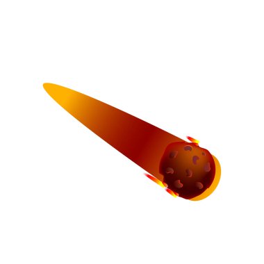 Meteor with trail of fire. Comet with tail. Dangerous space object. Big asteroid. Stars and astronomy. Celestial object. Cartoon flat illustration. Flying in sky