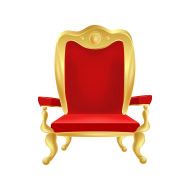 Armchair throne with gold and red upholstery. Luxurious baroque chair for royalty and wealthy people with comfortable classic retro vector design