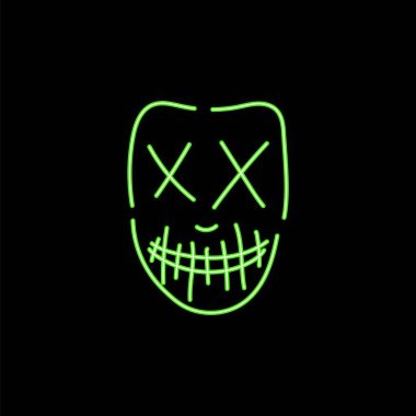 Neon green zombie mask. Creepy character with cross eyes and sewn mouth with fangs for halloween and vector party clipart