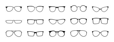 Değişik şekillerde siyah çerçeveli şık gözlükler. Gözlerinizi güneşten korumak için güneş gözlüğü ve plastik vektör çerçeveleri..