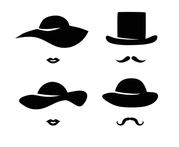 有嘴唇和胡须模板的男帽和女帽 复古的黑人绅士和淑女人物 具有老式风格的化装舞会和设计师矢量形象 — 图库矢量图片