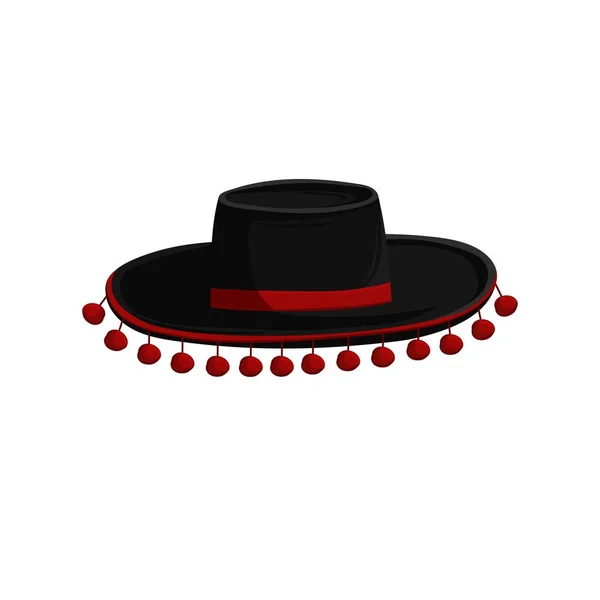 Ισπανικό Παραδοσιακό Καπέλο Πρότυπο Μαύρο Σομπρέρο Κόκκινες Χάντρες Για Αντηλιακή — Διανυσματικό Αρχείο