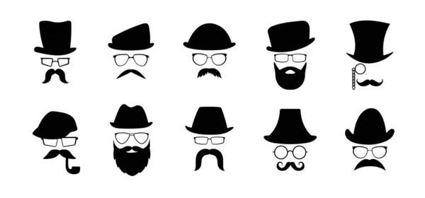 Cabeças Vintage Chapéu Óculos Com Conjunto Bigode Moda Cavalheiro Hipster —  Vetores de Stock