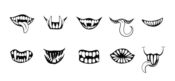Terrible Smiles Grins Monsters Set Angry Creature Joy Sharp Teeth — Stock Vector