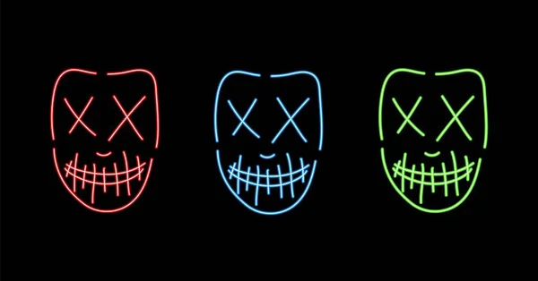 霓虹灯僵尸面具套 有红色十字眼睛的可怕的绿色人物 中间和病媒聚会用蓝色尖牙缝制的嘴 — 图库矢量图片