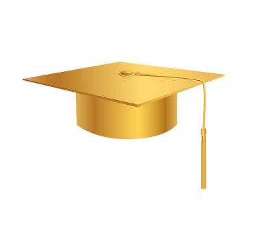 Altın 3D şapkadan mezun oluyor. Üniversiteler ve akademiler için bilimsel vektör derecesi verilen şenlikli balo başlığı