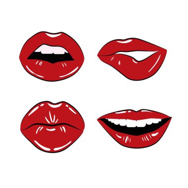 Kırmızı dudak yapıştırma bandı. Seksi öpücüklerle ifade makyajı ve renkli pop tasarımı ve açık vektör güzellik koleksiyonu için gülümseme