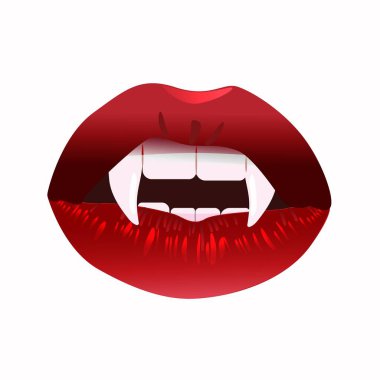 Vampir dişli dudaklar. Şeytani Dracula sırıtışı kan kırmızı öpücüğü ve parıltılı gotik vektör Cadılar Bayramı tasarımı