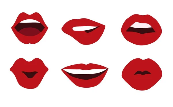 Conjunto Pegatinas Labios Rojos Apasionado Maquillaje Con Besos Sexy Sonrisa — Archivo Imágenes Vectoriales