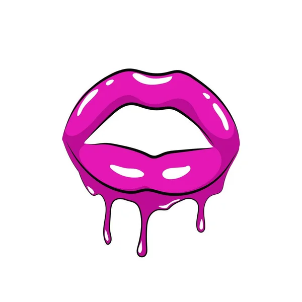 紫色のポップリップとストリーク カラフルなコミックデザインとオープンベクター美の表現のためのセクシーなキスと笑顔で情熱的なメイク — ストックベクタ