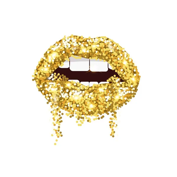 ストリークで金の唇 カラフルなコミックリッチなデザインとオープンベクターの美しさの表現のための口紅キスと笑顔の高級セクシーなメイク — ストックベクタ