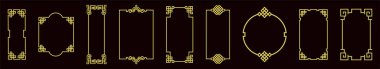 Kırmızı arka planda izole edilmiş çeşitli geleneksel altın porselen çerçeve setleri. Farklı Çin yapımı retro sınır vektör düz resimleme koleksiyonu. Sarı renkli dekoratif köşe