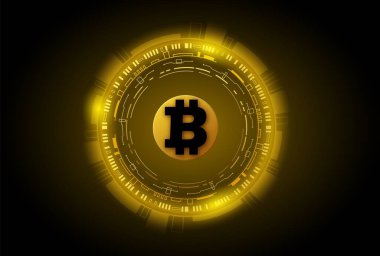 Teknoloji altın sarısı bitcoin fütüristik arka plan. Gelecekteki teknoloji hud şifreleme arayüzü.
