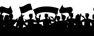 Kalabalık silueti bayraklarla protesto ediyor. Devrim kusursuz illüstrasyon arkaplanı.