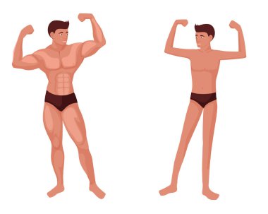 Kaslı ve zayıf bir adam. Güçlü vücut geliştirici sağlıklı yaşam tarzı ve vektör sporunun çürük vücut sembolüyle zayıf karakterin karşısında duruyor.