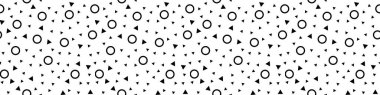 Minimalist Memphis üçgeni ve dairesel kusursuz desen. Siyah ve beyaz basit noktalar, 90 'lı yıllarda tekrarlanan, düzensiz vektör dokusuna sahip, basit noktalar tasarımı.