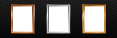 3D metalik fotoğraf çerçevesi. Altın bronz ve çelik çerçeve vektörü