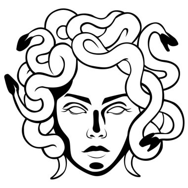 Antika kafalı Gorgon Medusa. Her şeyi vektör taşına çeviren tüyleri yerine yılanları olan yılan mistik yaratık..
