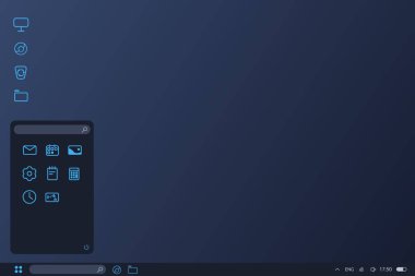 Bilgisayar masaüstü ağ arayüzü şablonu. Uygulamaların dijital tasarımı ve programlar ve vektör belgeleriyle uygun iş için düğmelere sahip mavi ekran yazılımı