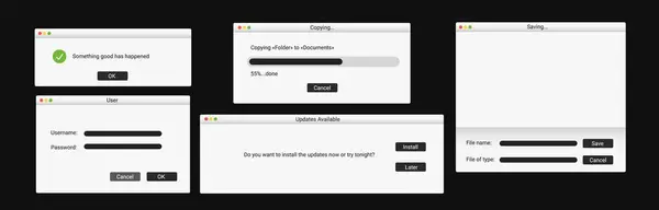 stock vector Set of modern computer window. Successful message on screen. Notification on desktop.