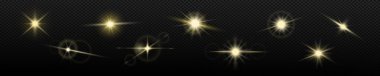 Sarı yıldız simgesi seti. Uzay simgeleri koleksiyonu. Altın parıltılar özel ışık efekti.