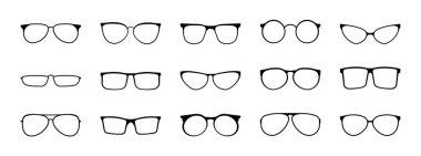 Değişik şekillerde siyah çerçeveli şık gözlükler. Gözlerinizi güneşten korumak için güneş gözlüğü ve plastik vektör çerçeveleri..