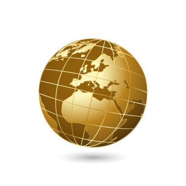 Kıtaları olan altın 3D gezegen. Grafik vektör tasarımı için coğrafi alanları pazarlayan küresel denizler ve okyanuslar