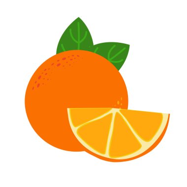 Tam portakallı ve dilimlenmiş. Yeşil yapraklı turunçgil vitaminli taze organik meyve ve doğal dekoratif vektör.