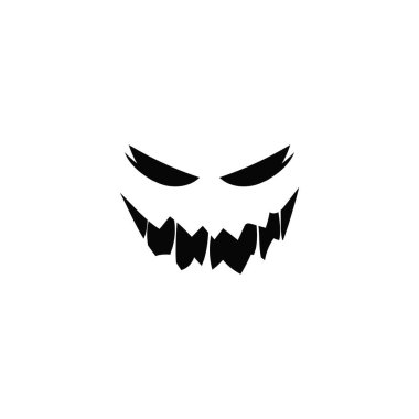 Devil laughing face with big teeth. Black ghost mouth for halloween as devilish decoration and emotional expression of vector evil clipart