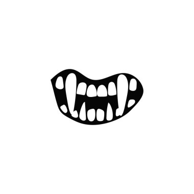 Korkunç kurt adam ağzı. Keskin dişli kızgın yaratık sevinci ve cadılar bayramı ve şeytani vektör tasarımı için vahşi vampir sırıtışı.