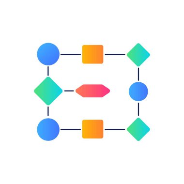 İş akışlarını, takım yapılarını ve veri bağlantılarını düzenlemek için ideal renkli bir akış şeması. Açık ve minimalist bir düzen için geometrik kutular ve çerçeveler.