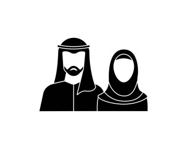 Müslüman bir çifti tesettüre ve geleneksel kıyafetlere bürünmüş, İslami kültürü ve Ortadoğu toplumunun değerlerini yansıtan basit bir siyah simgesi..