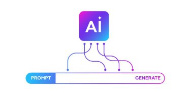 Mor gradyan, soyut yıldız tasarımlı renkli yapay zeka logosu ve modern tipografi sihirli sanal zekayı, çevrimiçi ağları ve sohbet robotu teknolojisini simgeliyor..