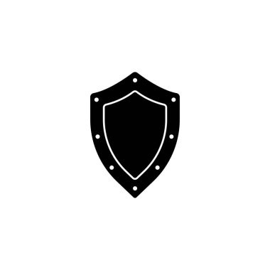 Ortaçağ kalkanının minimalist siyah vektör simgesi. Antik savaşlarda güvenliği, korumayı, direnişi ve şövalyelik savunmasını simgeliyor..