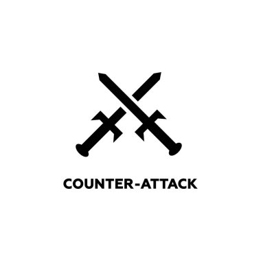 Karşıt saldırıları, ortaçağ düellolarını ve savaşçı gücünü sembolize eden, şövalyelik ve antik savaş geleneklerini temsil eden, çapraz kılıçların minimalist siyah vektör simgesi..