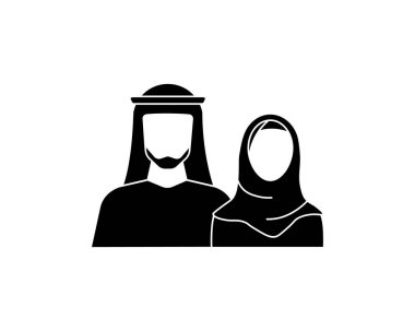 Müslüman bir ailenin modern minimalist logosu, Arap kostümlü karı ve kocayı gösteriyor, inanç ve kültürel birliği vurguluyor..