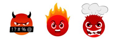 Kızgın kırmızı yüzlü, ateşli detayları simgeleyen öfke, öfke ve saldırganlığı simgeleyen bir ifade. Sohbet mesajları ve çevrimiçi ifadeler için çizgi film tarzı bir avatar olarak dizayn edilmiş..