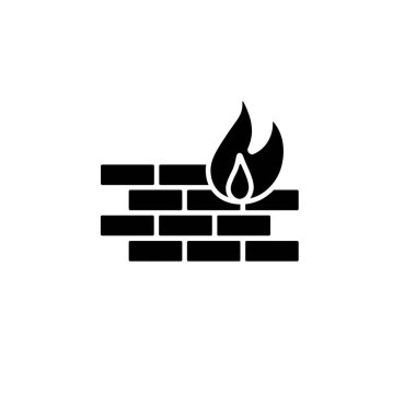 Tuğla duvar ve alevin yer aldığı koyu siyah bir güvenlik duvarı ikonu. Ağ güvenliği, koruma ve siber güvenliği temsil eder.