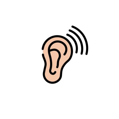 Dinlemeyi ve duymayı sembolize etmek için ses dalgalarını temsil eden eğri çizgileri olan basit bir kulak simgesi.